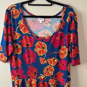 LuLaRoe Nicole Blue and Red 3/4 Sleeve Scoop Neck Midi Dress